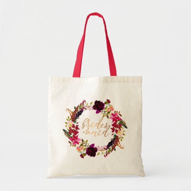 Watercolor floral wreath Bridesmaid tote gift (Front)