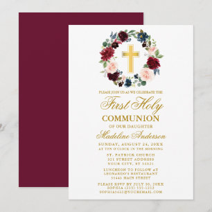 Watercolor Floral Wreath Burgundy First Communion Invitation
