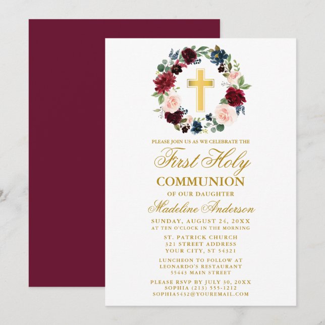 Watercolor Floral Wreath Burgundy First Communion Invitation (Front/Back)