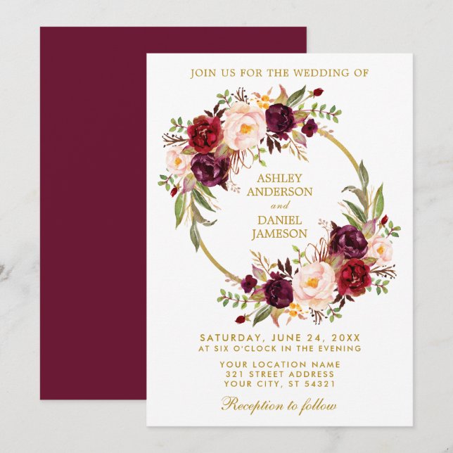 Watercolor Floral Wreath Burgundy Gold Wedding B Invitation (Front/Back)