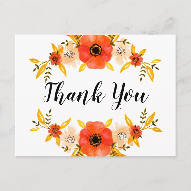 Watercolor Floral Wreath Custom "Thank You" Text Postcard (Front)