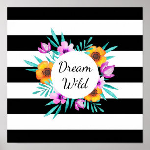 Watercolor Floral Wreath "Dream Wild" Quote Poster