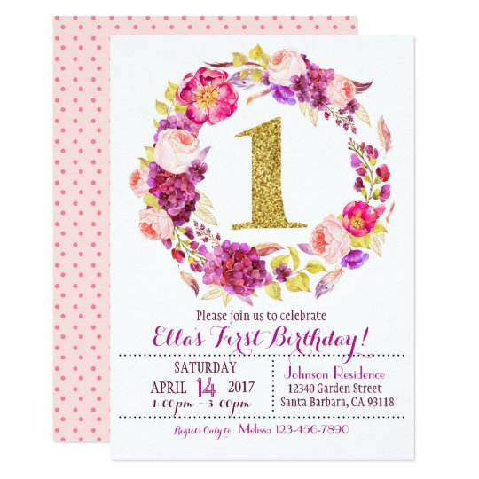 Watercolor Floral Wreath First Birthday Card
