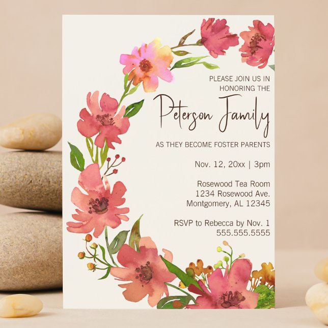 Watercolor Floral Wreath Foster Baby/Child Shower Invitation (Pink Floral watercolor wreath  Foster Care and Adoption baby shower invitation customizable QR code)