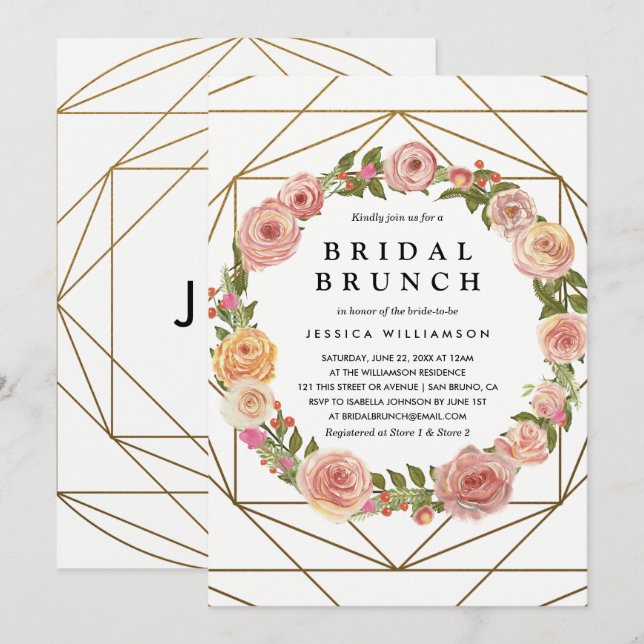 Watercolor Floral Wreath Geometric Bridal Brunch Invitation (Front/Back)