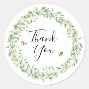Watercolor Floral Wreath Honeybees Thank You Classic Round Sticker