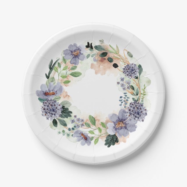 Watercolor Floral Wreath Paper Plate (Front)