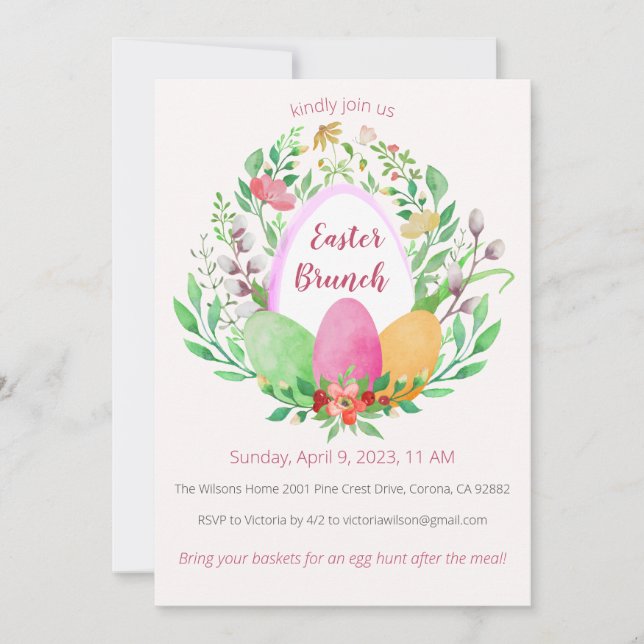 Watercolor Floral Wreath Pâques Brunch Invitation (Devant)