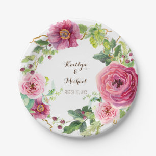 Watercolor Floral Wreath Peony Rose Bridal Shower Paper Plate