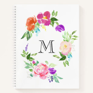 Watercolor Floral Wreath Personalized Monogram Notebook