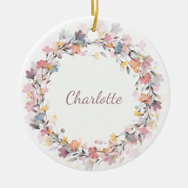 Watercolor Floral Wreath Personalized Name Ceramic Ornament (Front)
