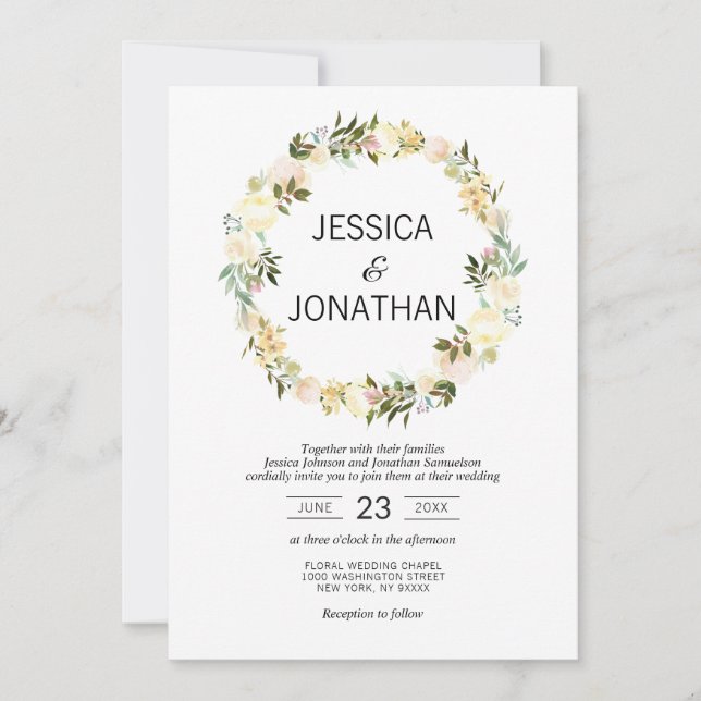 Watercolor Floral Wreath Pink Beige White Wedding Invitation (Front)