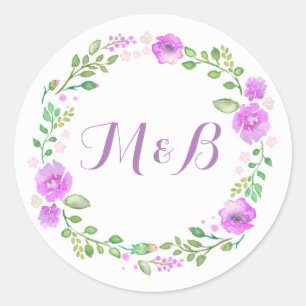 Watercolor Floral Wreath Purple Wedding Classic Round Sticker