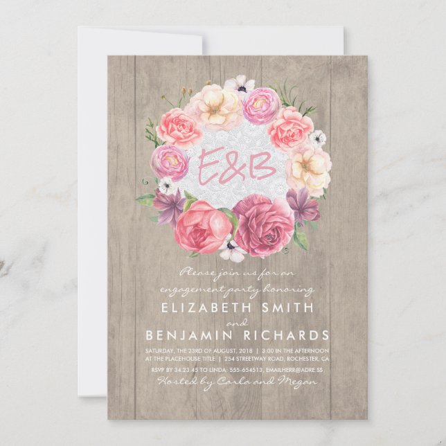 Watercolor Floral Wreath Rustic Engagement Party Invitation (Front)