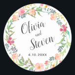 Watercolor Floral Wreath Wedding Classic Round Sticker<br><div class="desc">A lovely boho-inspired watercolor floral wreath surrounds your names and wedding date. The bride and groom's names are shown in a trendy handwritten font style. Edit the text with your names and wedding date or other desired text. These stickers are available in 2 sizes. The smaller size makes a nice...</div>