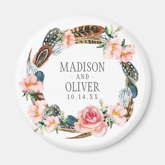 Watercolor Floral Wreath with Feathers | Wedding Magnet (Front)