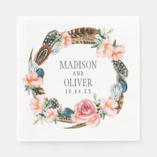 Watercolor Floral Wreath with Feathers Wedding Napkin