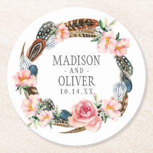 Watercolor Floral Wreath with Feathers Wedding Round Paper Coaster