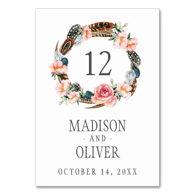 Watercolor Floral Wreath with Feathers | Wedding Table Number (Front)