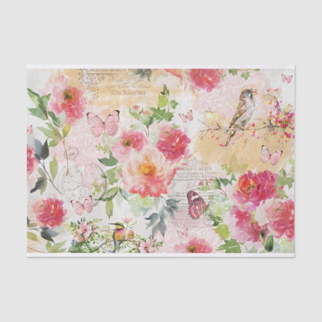 Watercolor florals, Birds, Butterflies Collage Tissue Paper (Front)