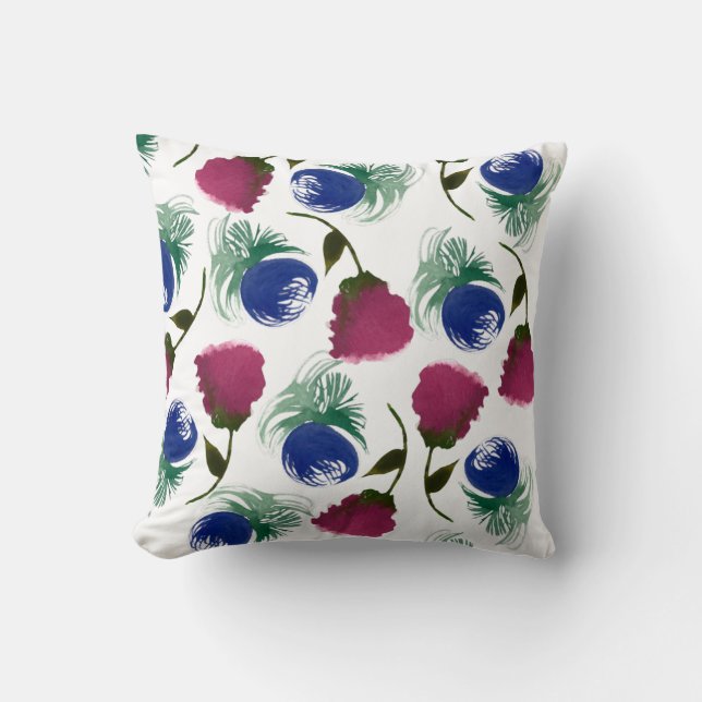 Watercolor Florals Blue Burgundy Greenery Paint Throw Pillow (Front)