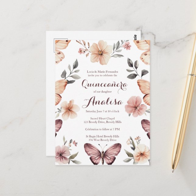 Watercolor Florals Butterflies Quinceañera CUSTOM Postcard (Front/Back In Situ)