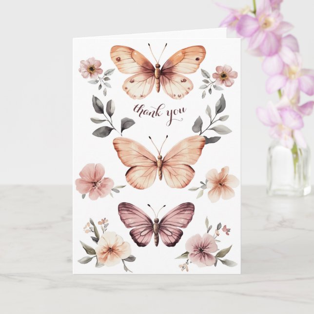 Watercolor Florals Butterflies Thank You Card (Orchid)