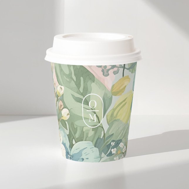 Watercolor Florals Chic Monogram Wedding Paper Cups (Creator Uploaded)