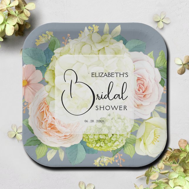 Watercolor Florals Dusty Blue Bridal Shower Paper Plate (Creator Uploaded)