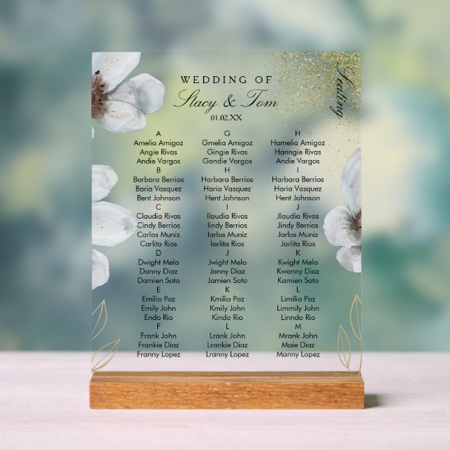 Watercolor Florals Gold White Wedding Seating Acrylic Sign (Neutral)