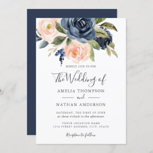 Watercolor Florals Navy Peach Wedding  Invitation