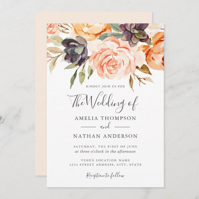 Watercolor Florals Peach Wedding  Invitation (Front/Back)