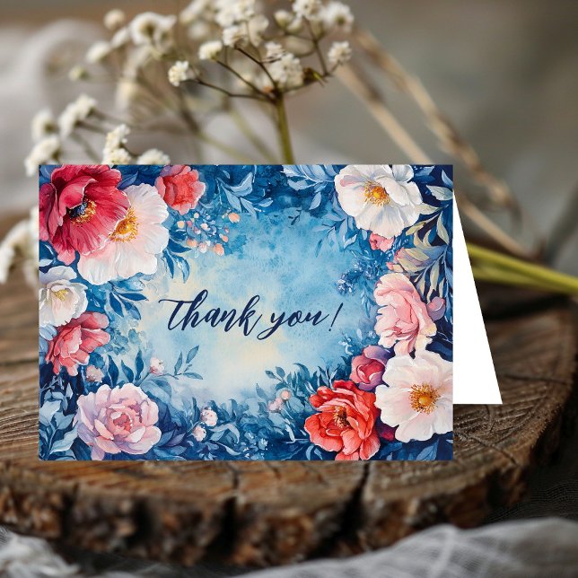 Watercolor Florals Pink Blue CUSTOM  Thank You Card (Watercolor Florals Pink Blue CUSTOM Thank You Card
)