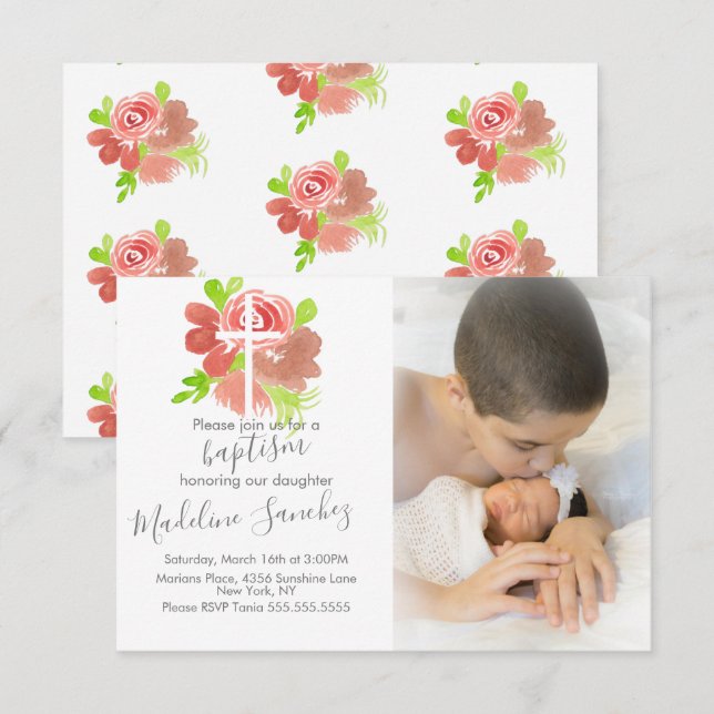 Watercolor Florals Pink Blush Baptism Dedication   Invitation (Front/Back)