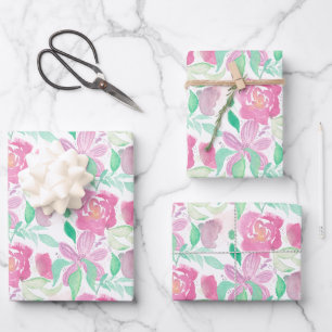 Watercolor Florals Pink Roses Hand Painted Pattern Wrapping Paper Sheet