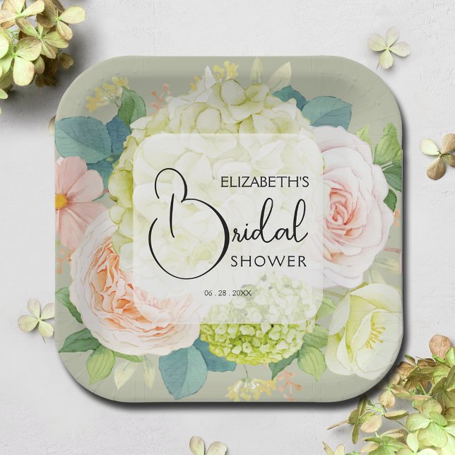 Watercolor Florals Sage Green Bridal Shower Paper Plate (Creator Uploaded)