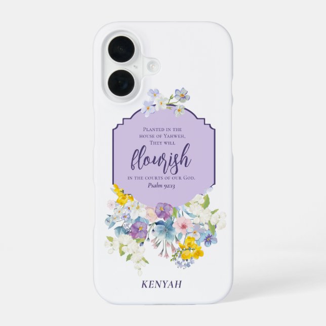 Watercolor Florals Scripture Verse Personalized iPhone 16 Case (Back)