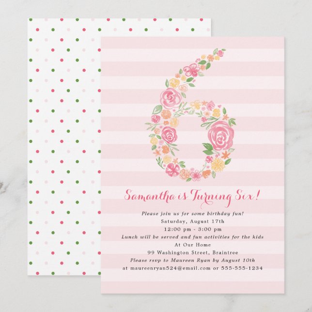 Watercolor Florals SIX 6th Birthday Invitation (Front/Back)