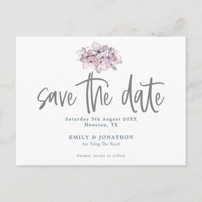 Watercolor Florals Stylish Script Save The Date Postcard (Front)