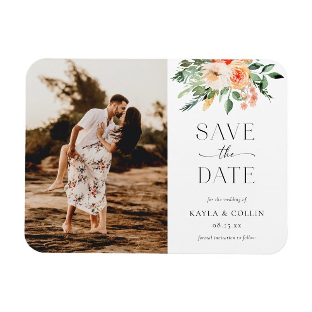 Watercolor Florals Wedding Photo Save The Date Magnet (Horizontal)