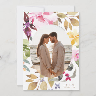 Watercolor Florals Wedding Photo Thank You Card