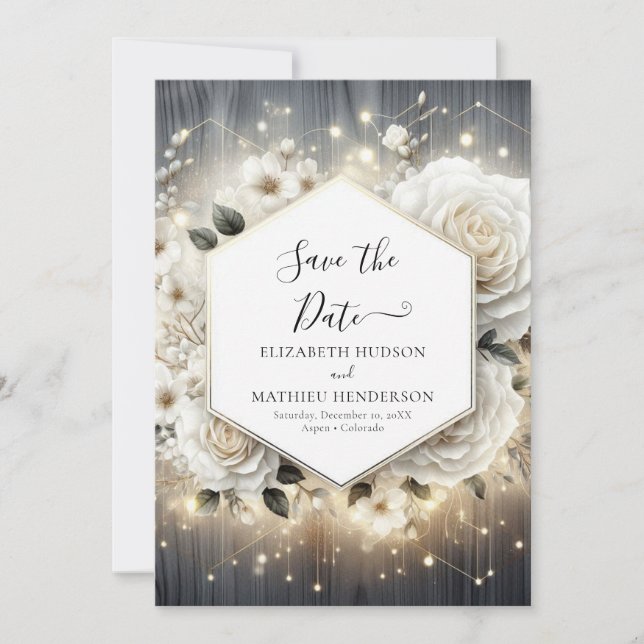 Watercolor Florals White Roses Wedding Save The Date (Front)