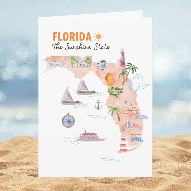 Watercolor Florida State Art Map Folded Greeting Card (In situ)