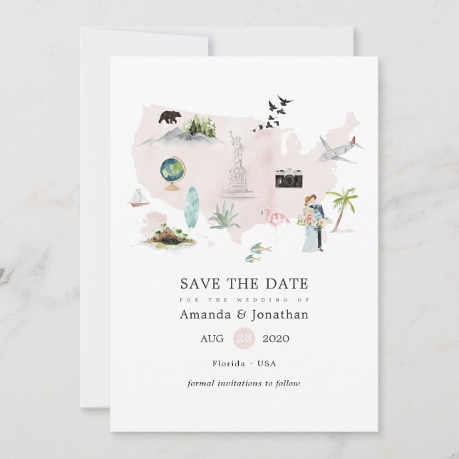 Watercolor Florida USA Destination Wedding Save The Date (Front)