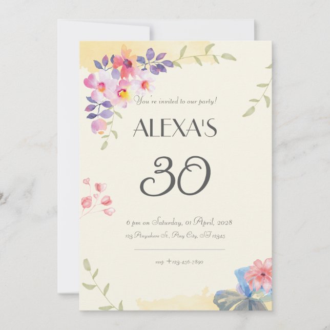 Watercolor Flower 30'th birthday invitation (Front)