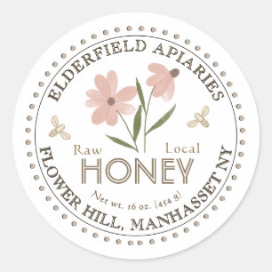 Watercolor Flower and Bees Pure Local Honey Label 