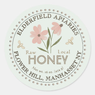 Watercolor Flower and Bees Pure Local Honey Label 