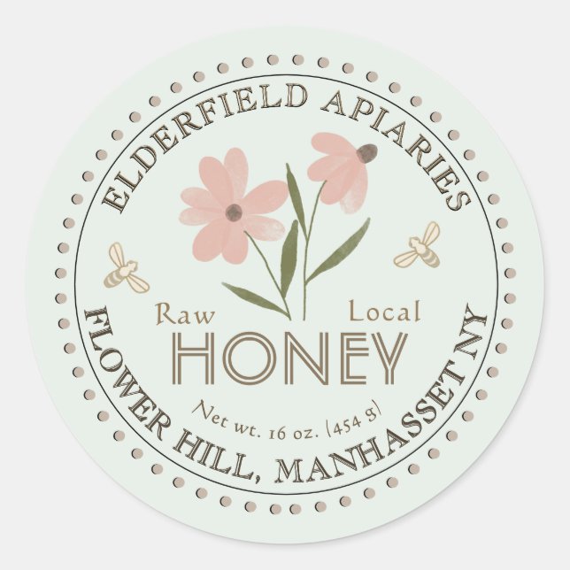 Watercolor Flower and Bees Pure Local Honey Label  (Front)