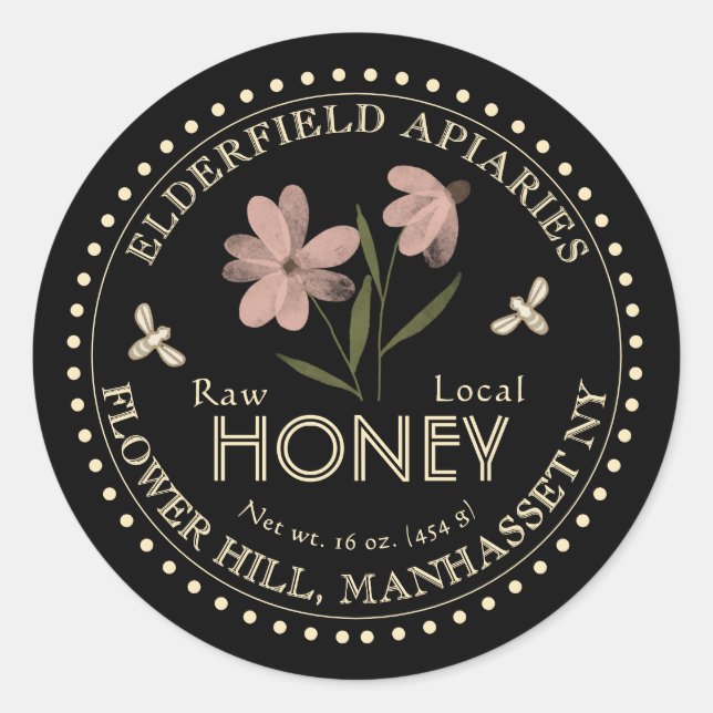 Watercolor Flower and Bees Pure Local Honey Label  (Front)