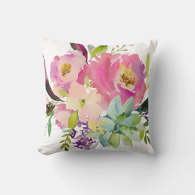 Watercolor Flower and Succulent Throw Pillow (Front)